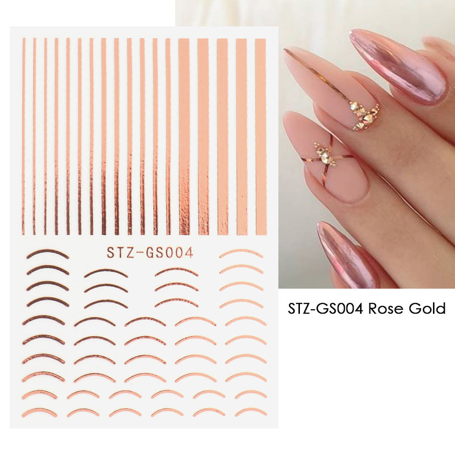 Roségoldene 3D Nagelsticker: Einfache Linien, Metallstreifen, Buchstaben - Snatch