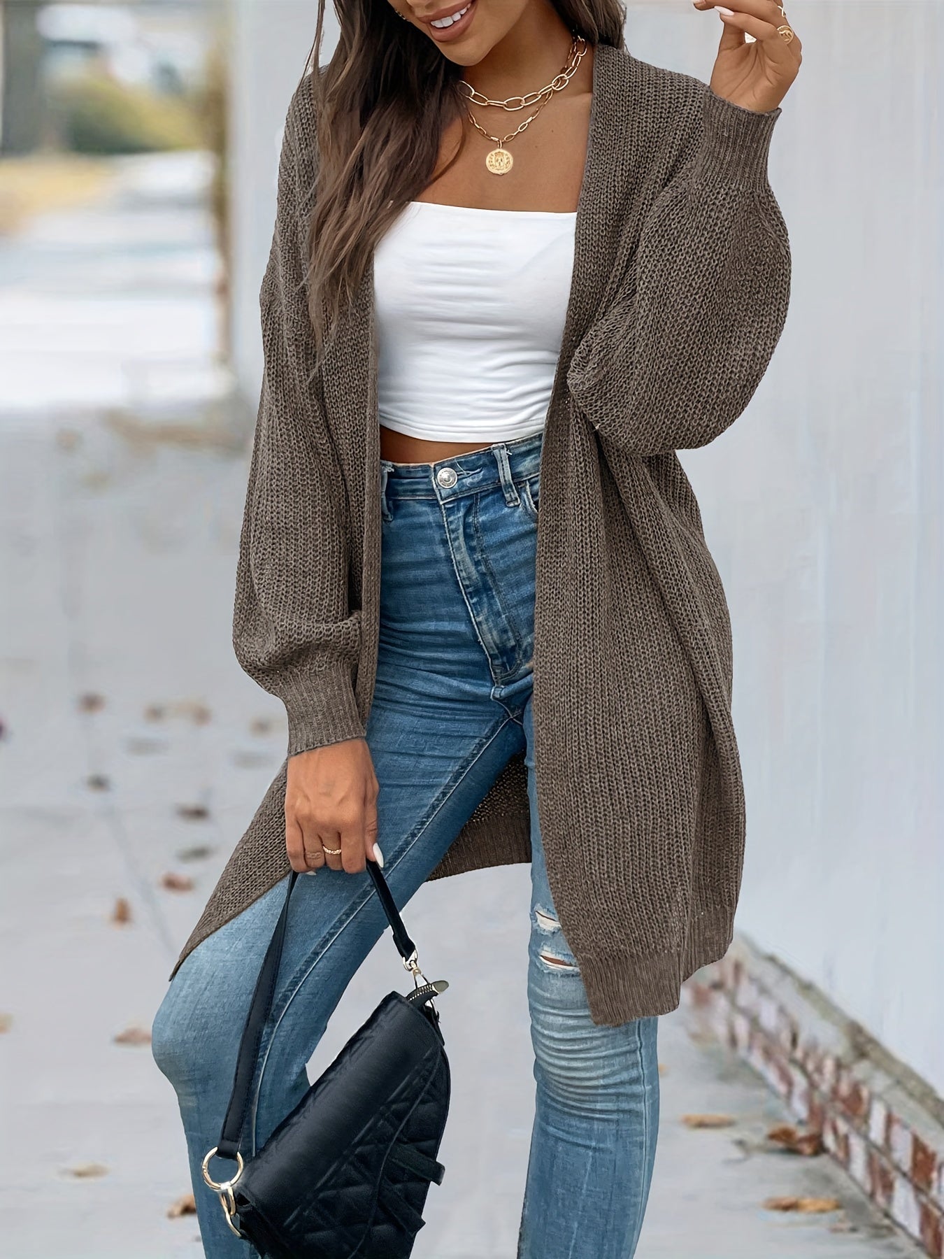 Vintage Cardigan mit offener Vorderseite Lssiger Langarmstrickmantel Damen - Snatch
