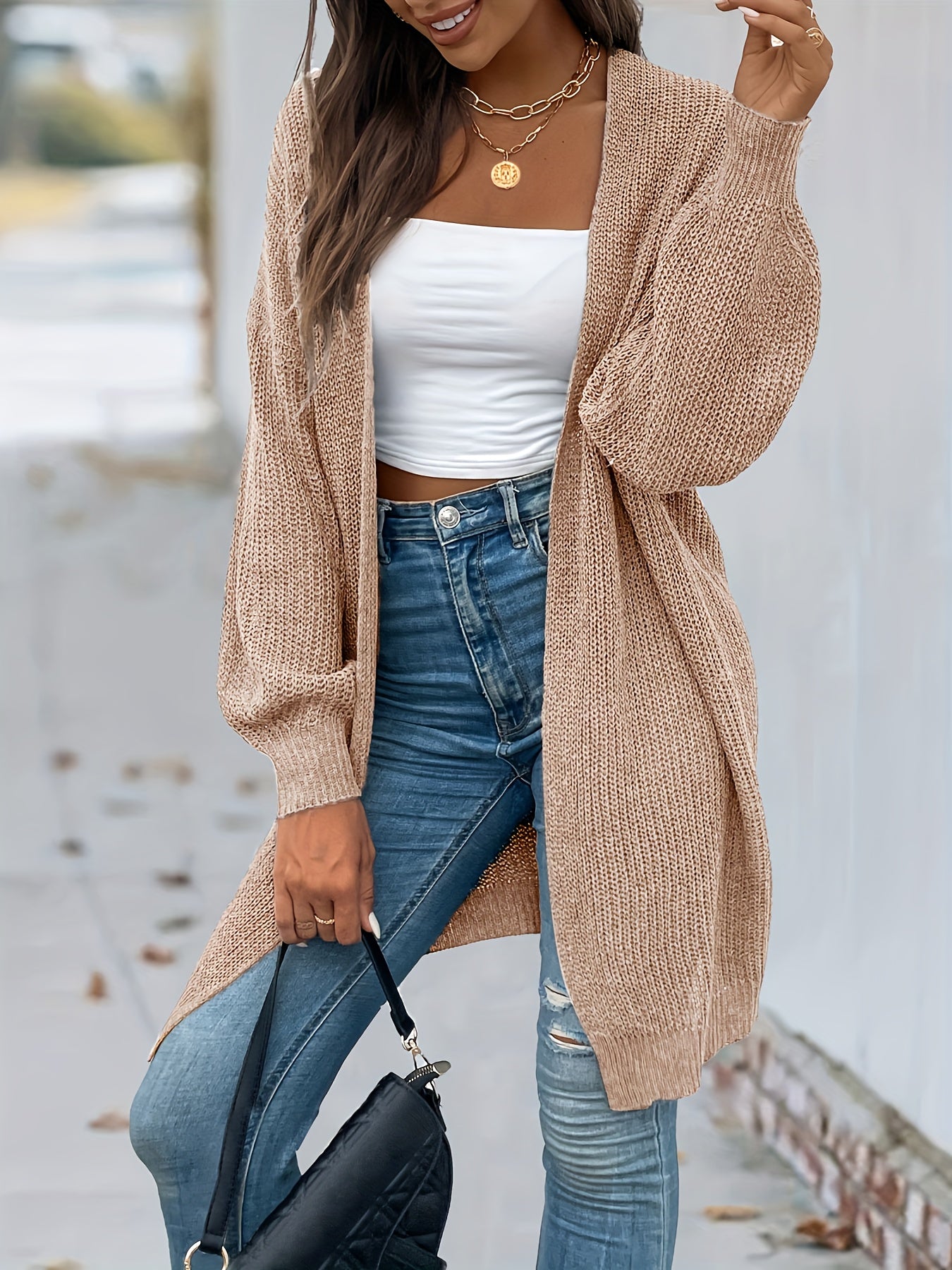 Vintage Cardigan mit offener Vorderseite Lssiger Langarmstrickmantel Damen - Snatch