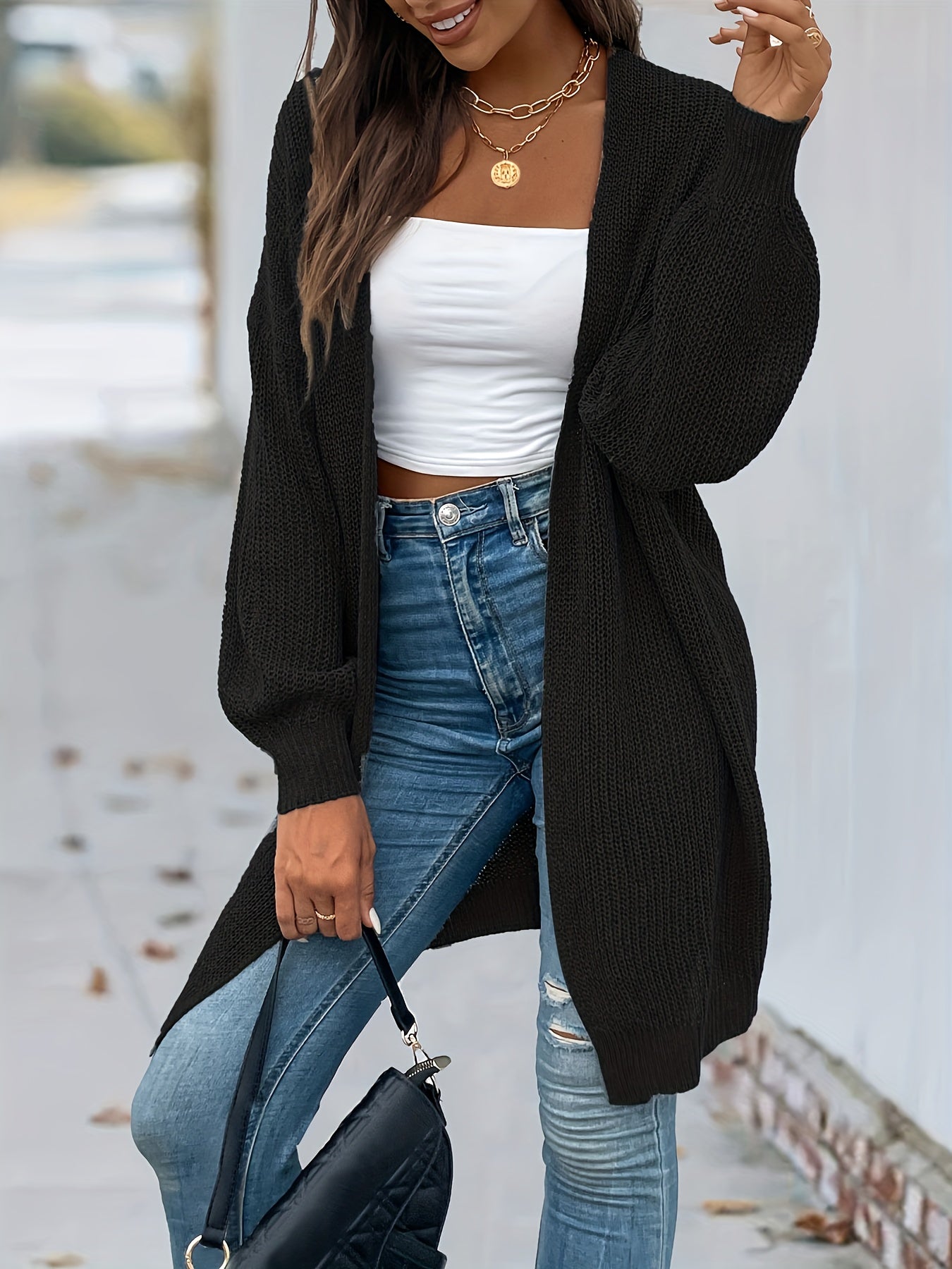 Vintage Cardigan mit offener Vorderseite Lssiger Langarmstrickmantel Damen - Snatch