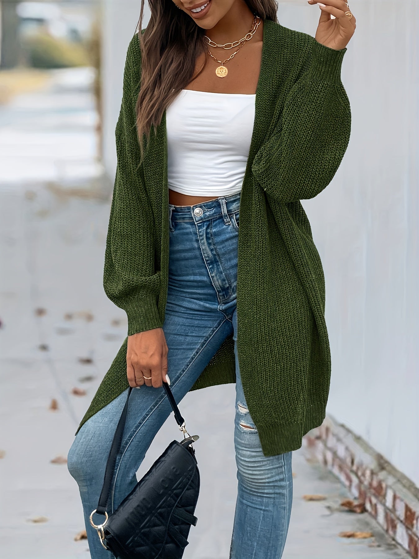Vintage Cardigan mit offener Vorderseite Lssiger Langarmstrickmantel Damen - Snatch