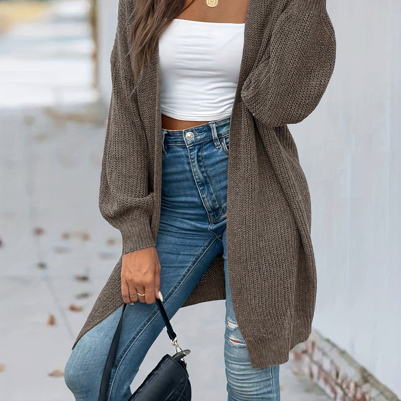 Vintage Cardigan mit offener Vorderseite Lssiger Langarmstrickmantel Damen - Snatch
