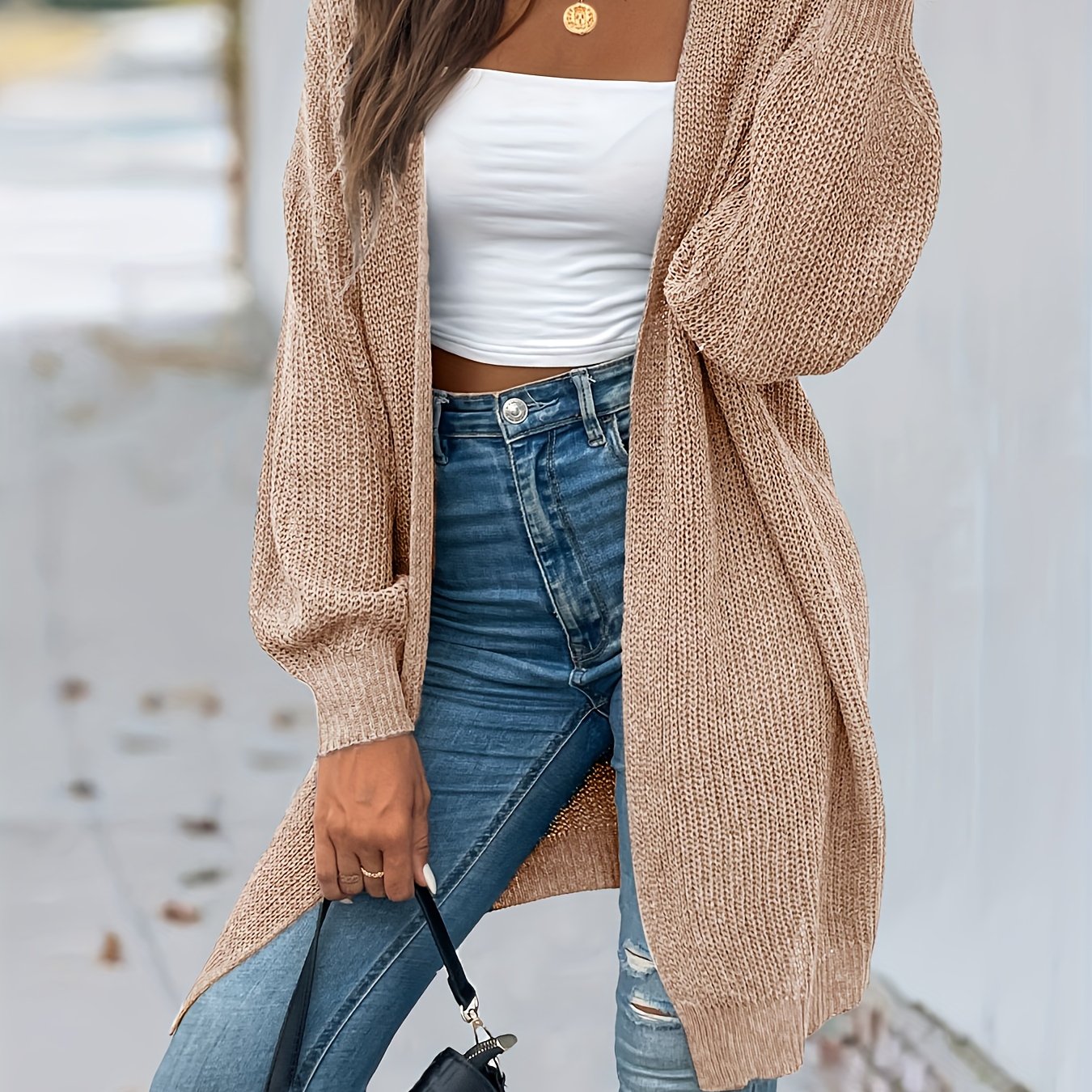 Vintage Cardigan mit offener Vorderseite Lssiger Langarmstrickmantel Damen - Snatch
