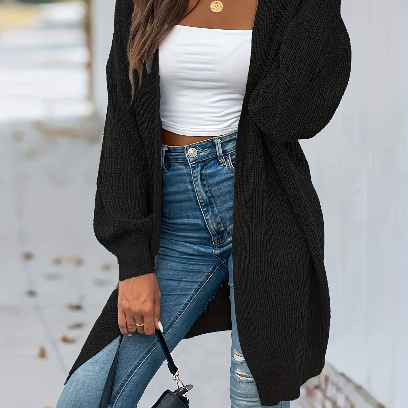 Vintage Cardigan mit offener Vorderseite Lssiger Langarmstrickmantel Damen - Snatch
