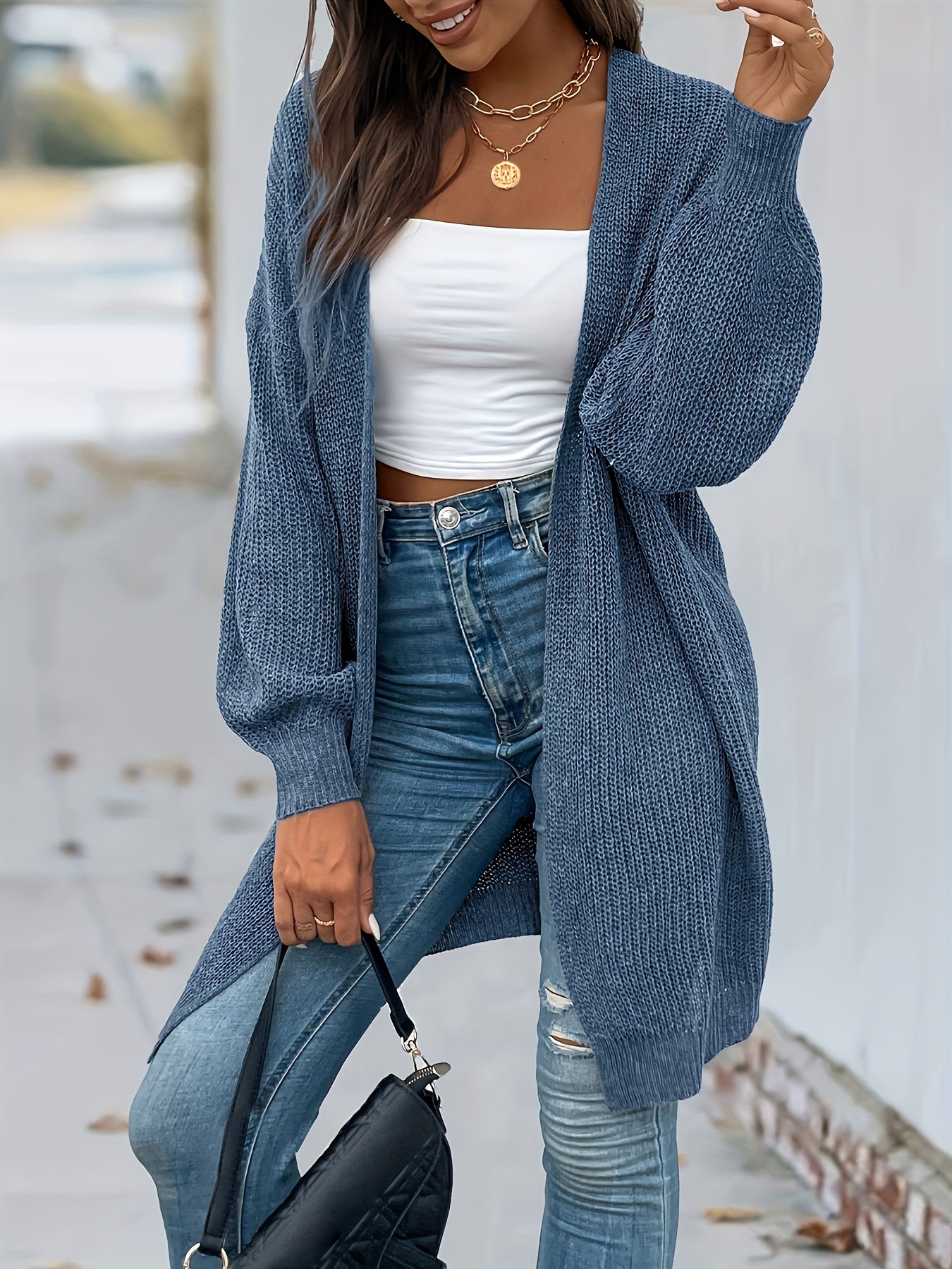 Vintage Cardigan mit offener Vorderseite Lssiger Langarmstrickmantel Damen - Snatch