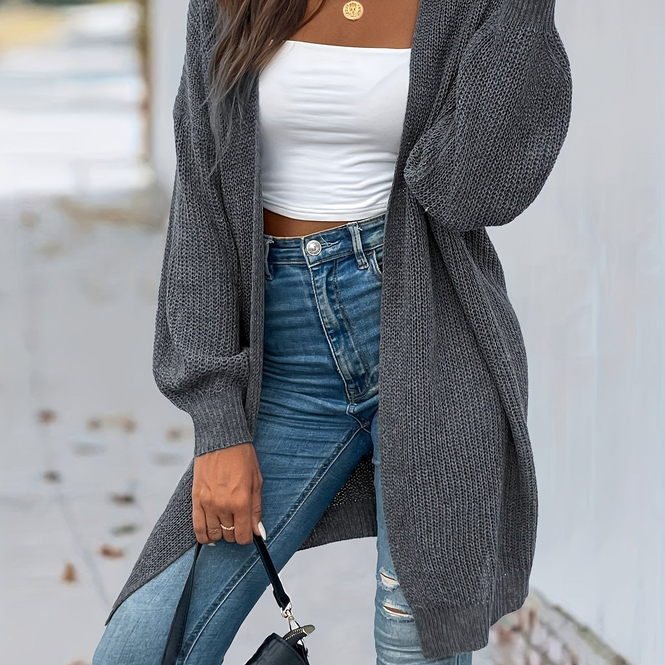 Vintage Cardigan mit offener Vorderseite Lssiger Langarmstrickmantel Damen - Snatch