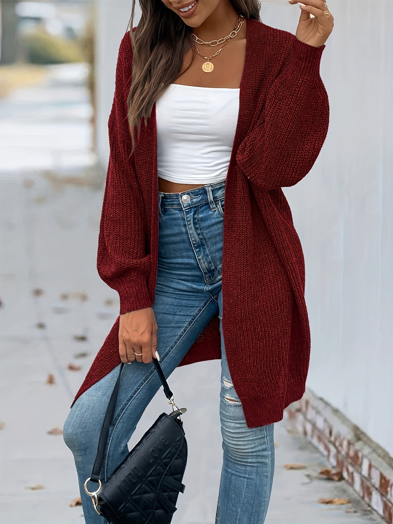 Vintage Cardigan mit offener Vorderseite Lssiger Langarmstrickmantel Damen - Snatch