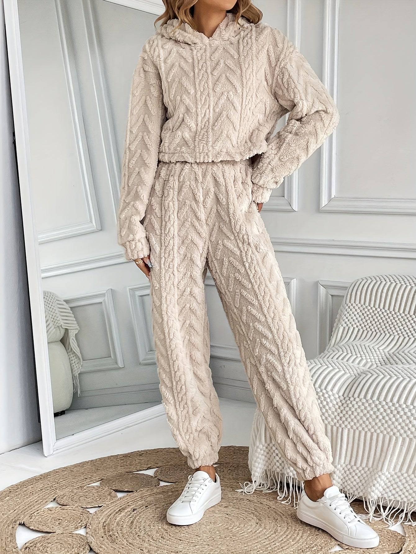 Gemütliches Plüsch-Zweiteiler-Set, Crop-Hoodie & lange Hosen-Outfit für Damen.
