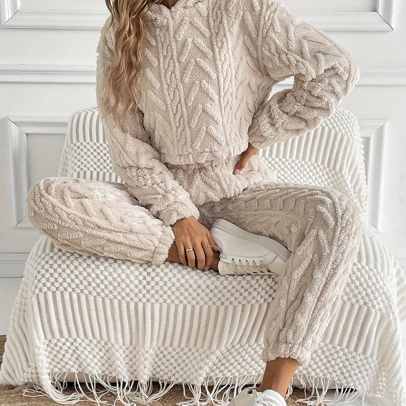 Gemütliches Plüsch-Zweiteiler-Set, Crop-Hoodie & lange Hosen-Outfit für Damen.