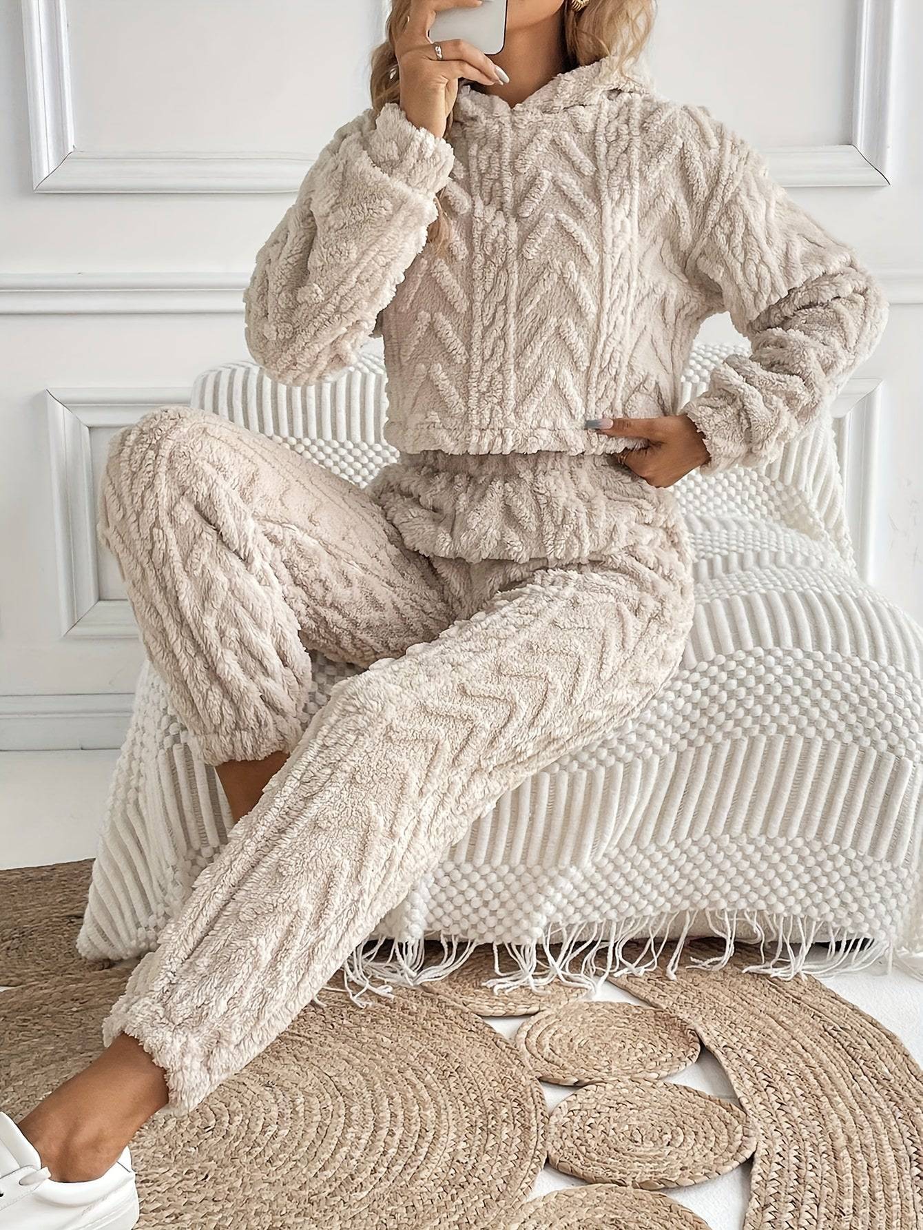 Gemütliches Plüsch-Zweiteiler-Set, Crop-Hoodie & lange Hosen-Outfit für Damen.