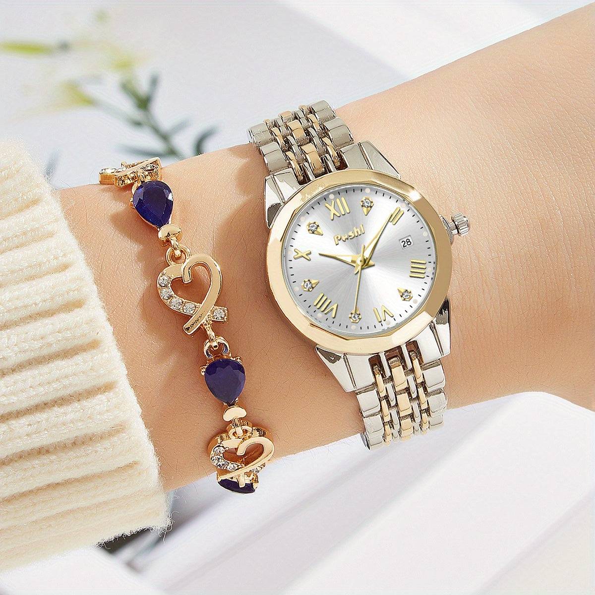Damen Luxus Quarzuhr - Strass, Kalender, Rom, Armbanduhr & Armband (2-teilig)
