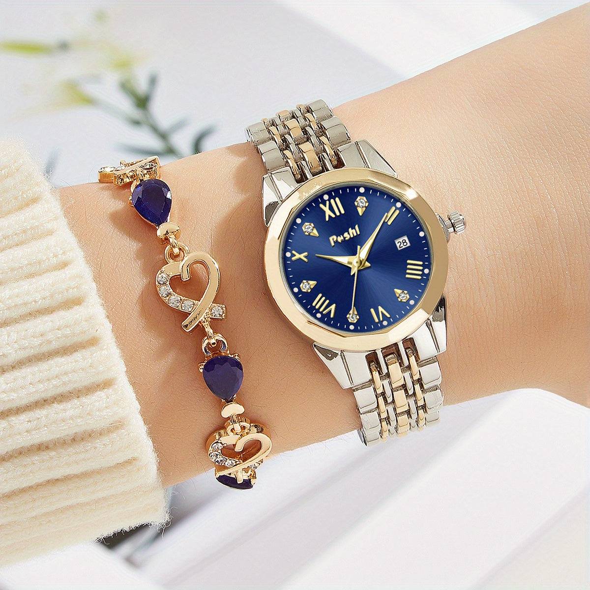 Damen Luxus Quarzuhr - Strass, Kalender, Rom, Armbanduhr & Armband (2-teilig)