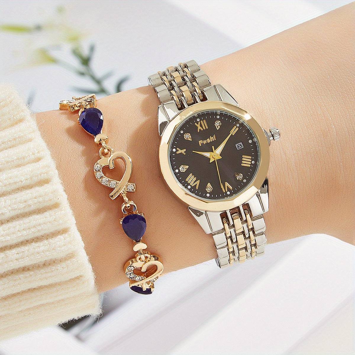 Damen Luxus Quarzuhr - Strass, Kalender, Rom, Armbanduhr & Armband (2-teilig)