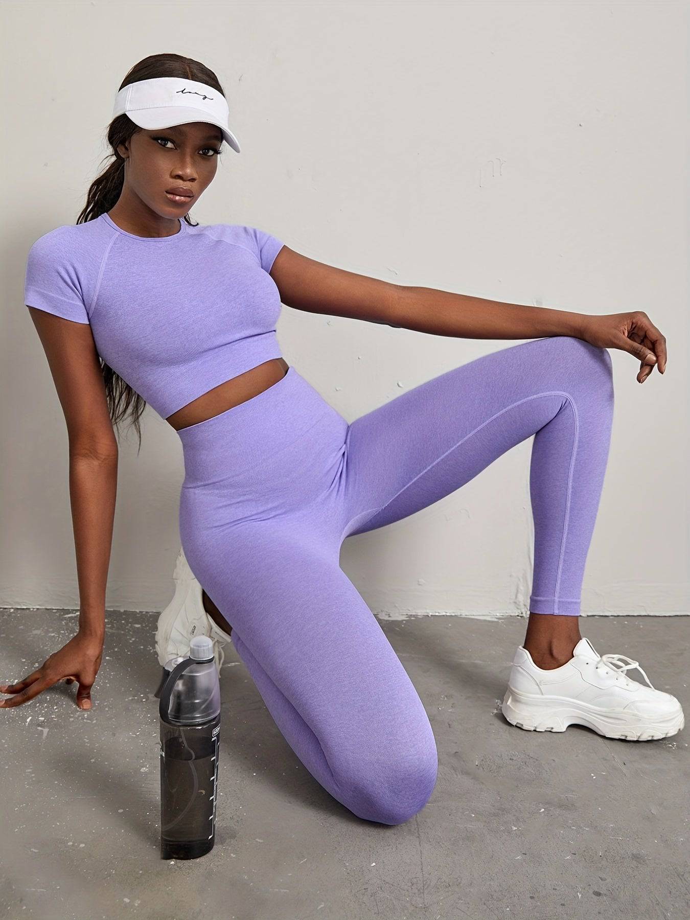 2er Set Nahtlose Activewear: Kurzarm-Yogashirt & High Waist Leggings für Damen