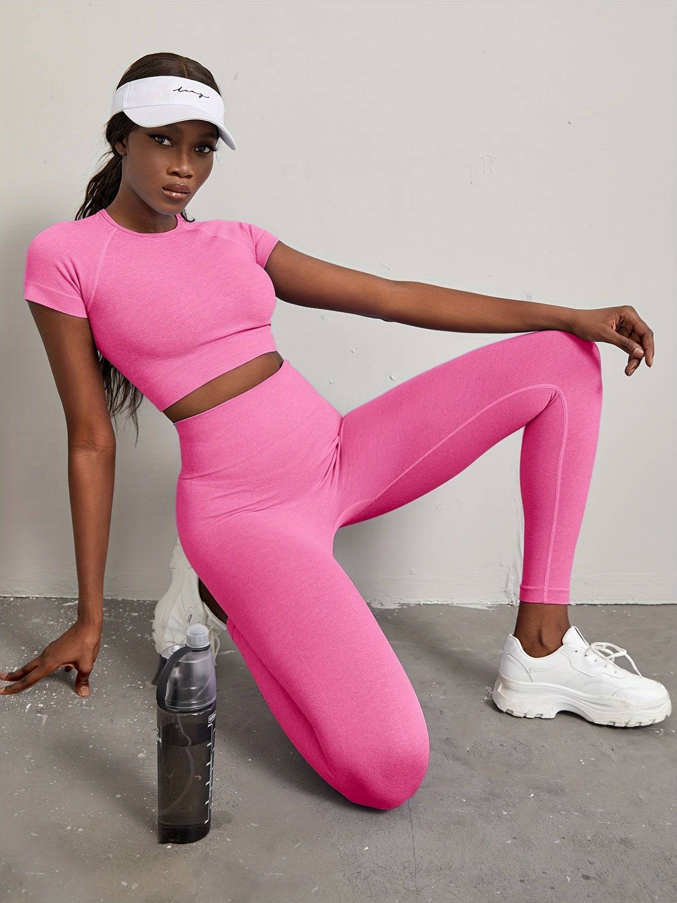 2er Set Nahtlose Activewear: Kurzarm-Yogashirt & High Waist Leggings für Damen