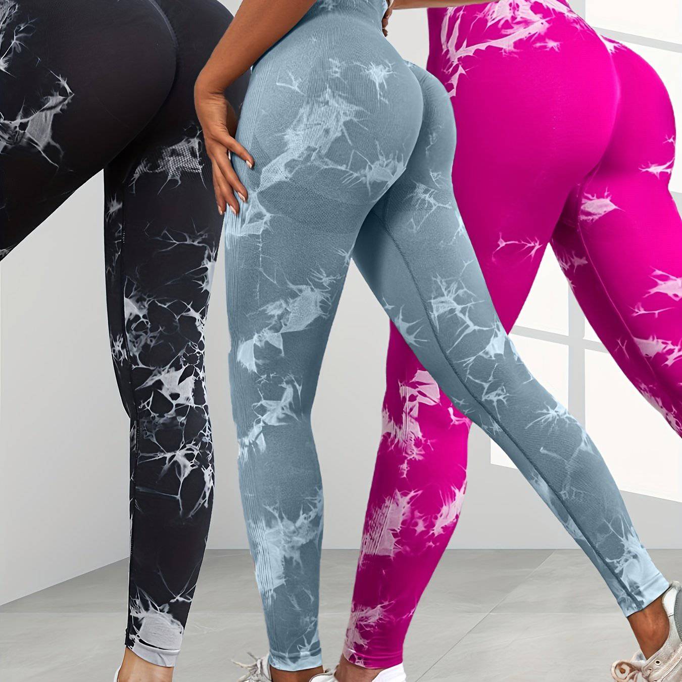 Nahtlose Tie-Dye-Schlankheits-High-Waist Leggings mit Rüschen.