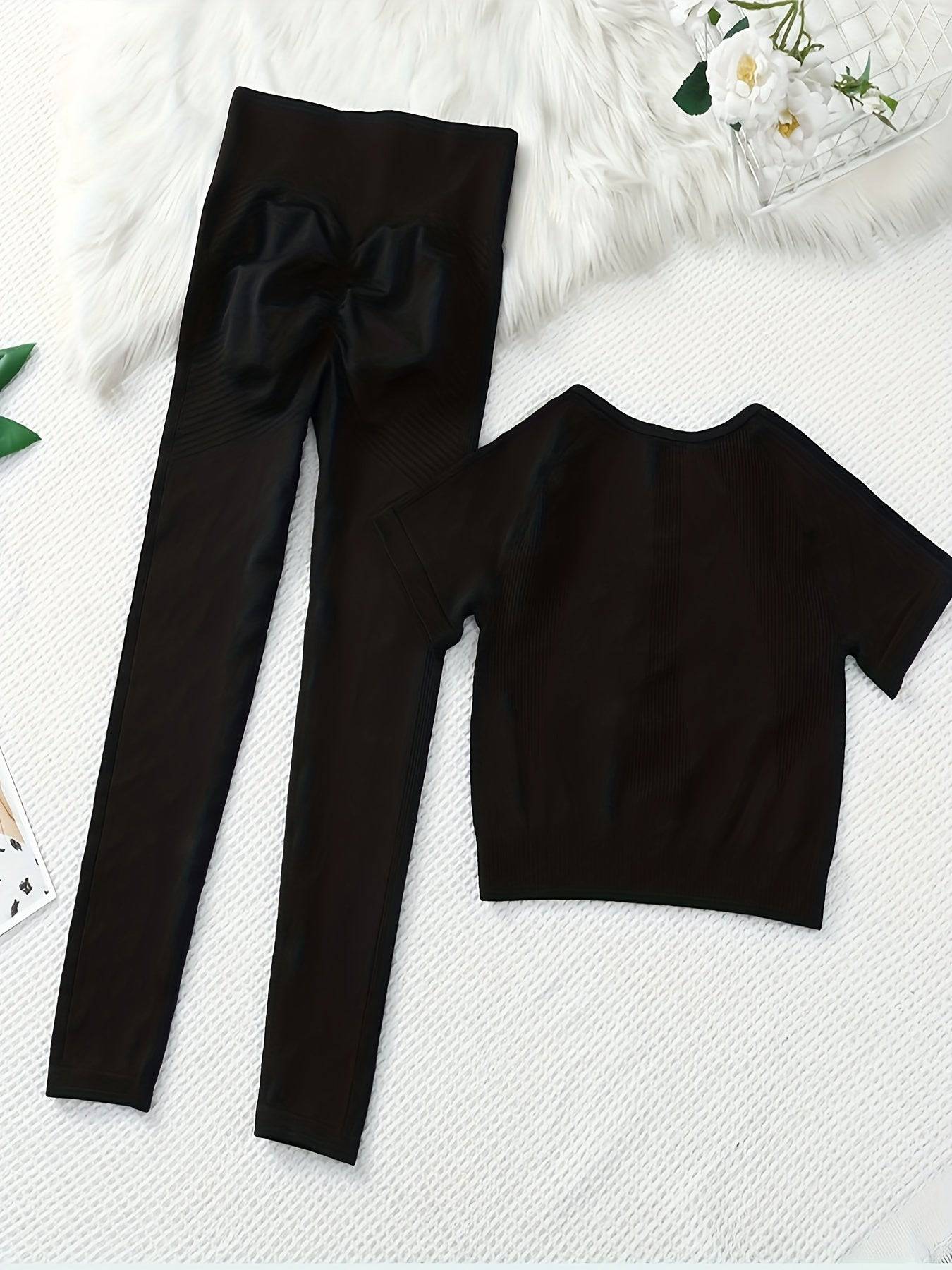 Nahtloses Yoga-Set: Aktives Kurzarm-T-Shirt & High Waist Laufhose (Damen)