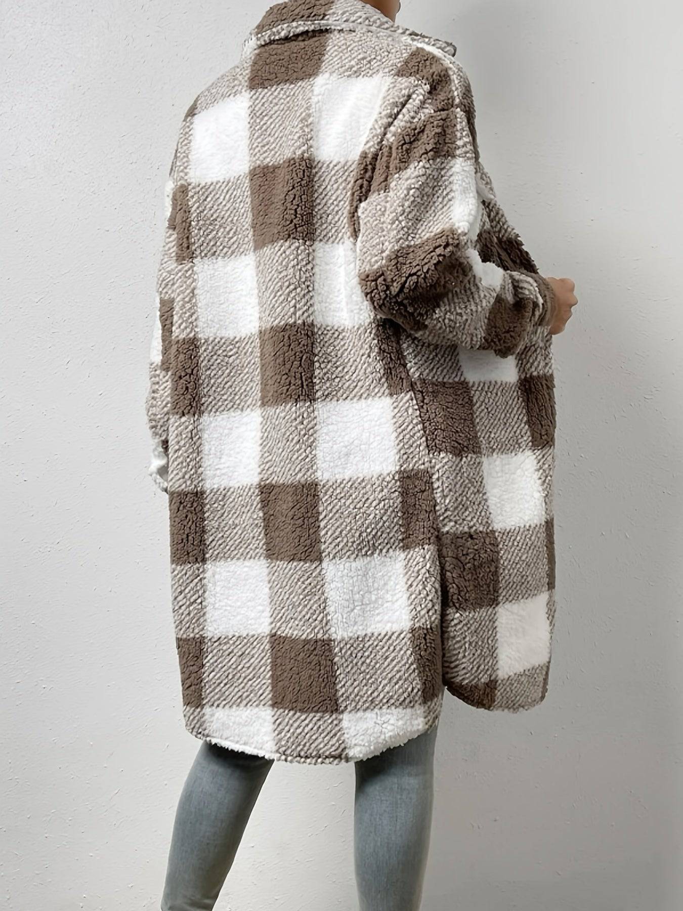 Karo-Teddy-Mantel: Lässig, langärmelig, Knopfleiste vorne, Damenbekleidung