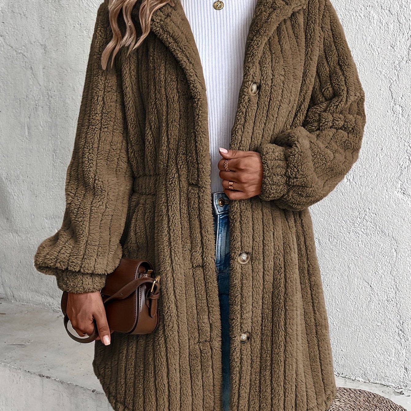 Teddy-Mantel mit Knopfleiste und Kapuze - Wärmende Winteroberbekleidung für Damen.