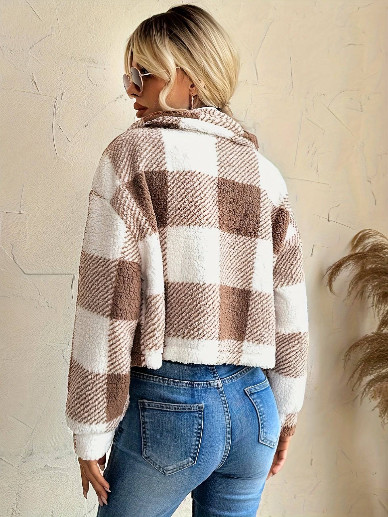 Karierte Teddyjacke - Lässige Langarm-Oberbekleidung für Damen.