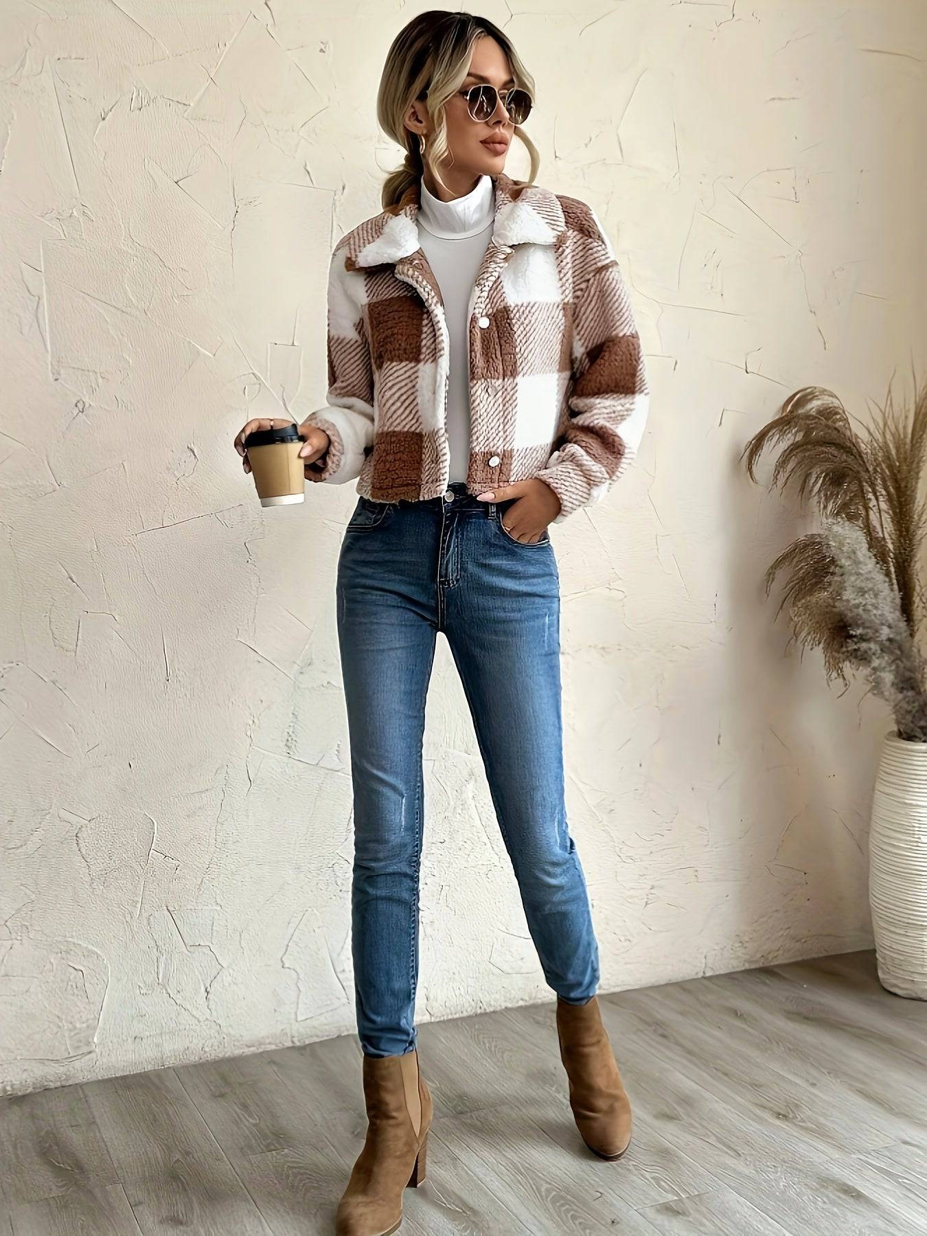 Karierte Teddyjacke - Lässige Langarm-Oberbekleidung für Damen.