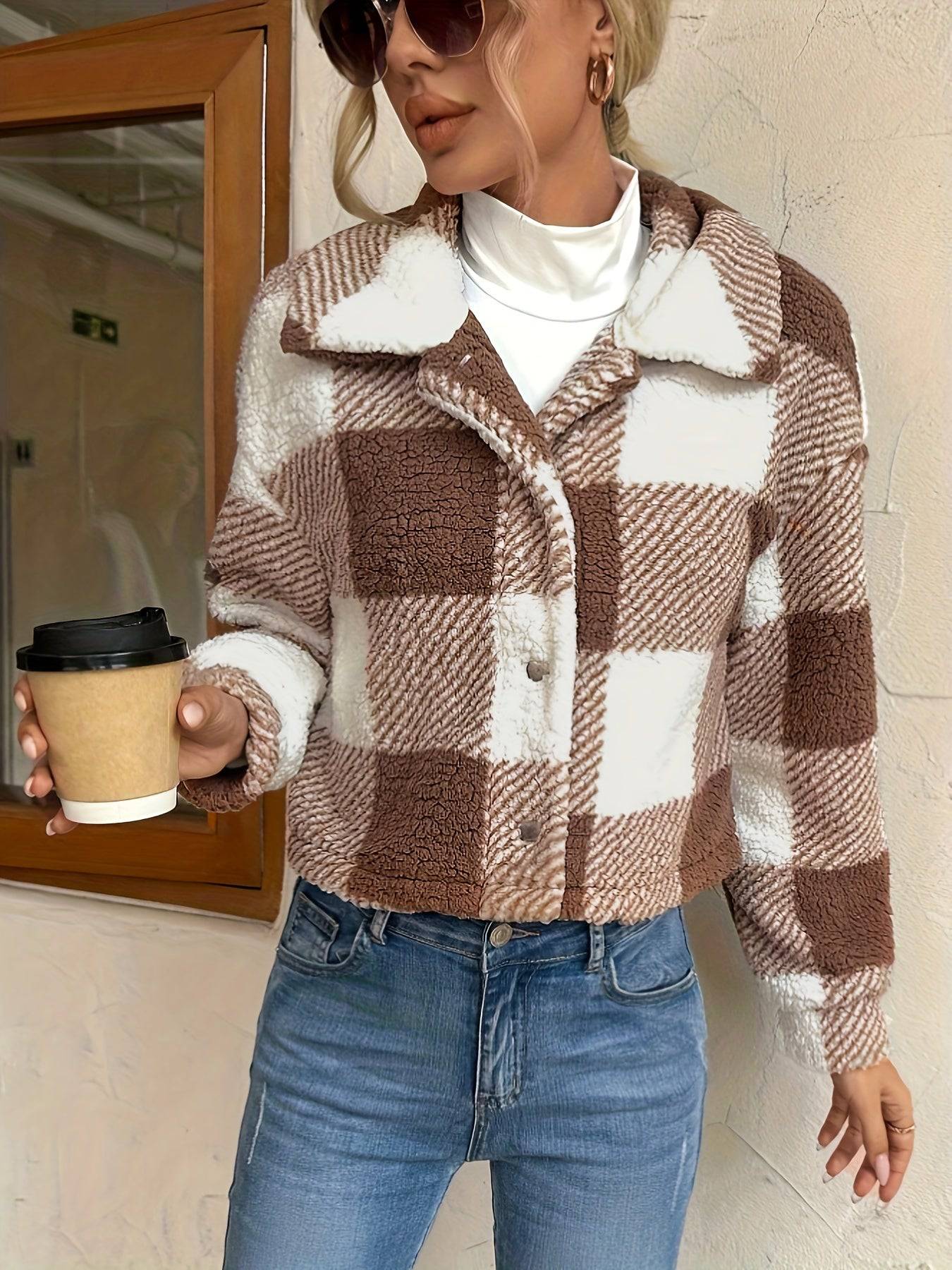 Karierte Teddyjacke - Lässige Langarm-Oberbekleidung für Damen.