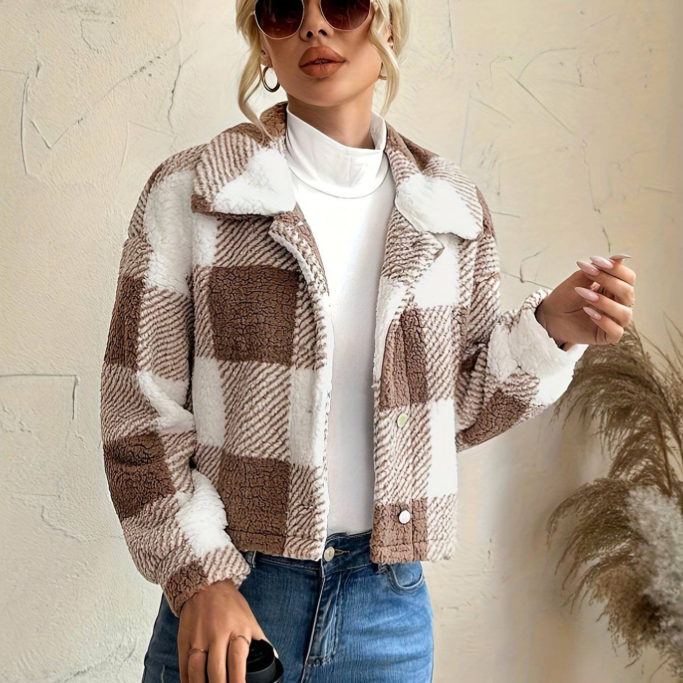 Karierte Teddyjacke - Lässige Langarm-Oberbekleidung für Damen.