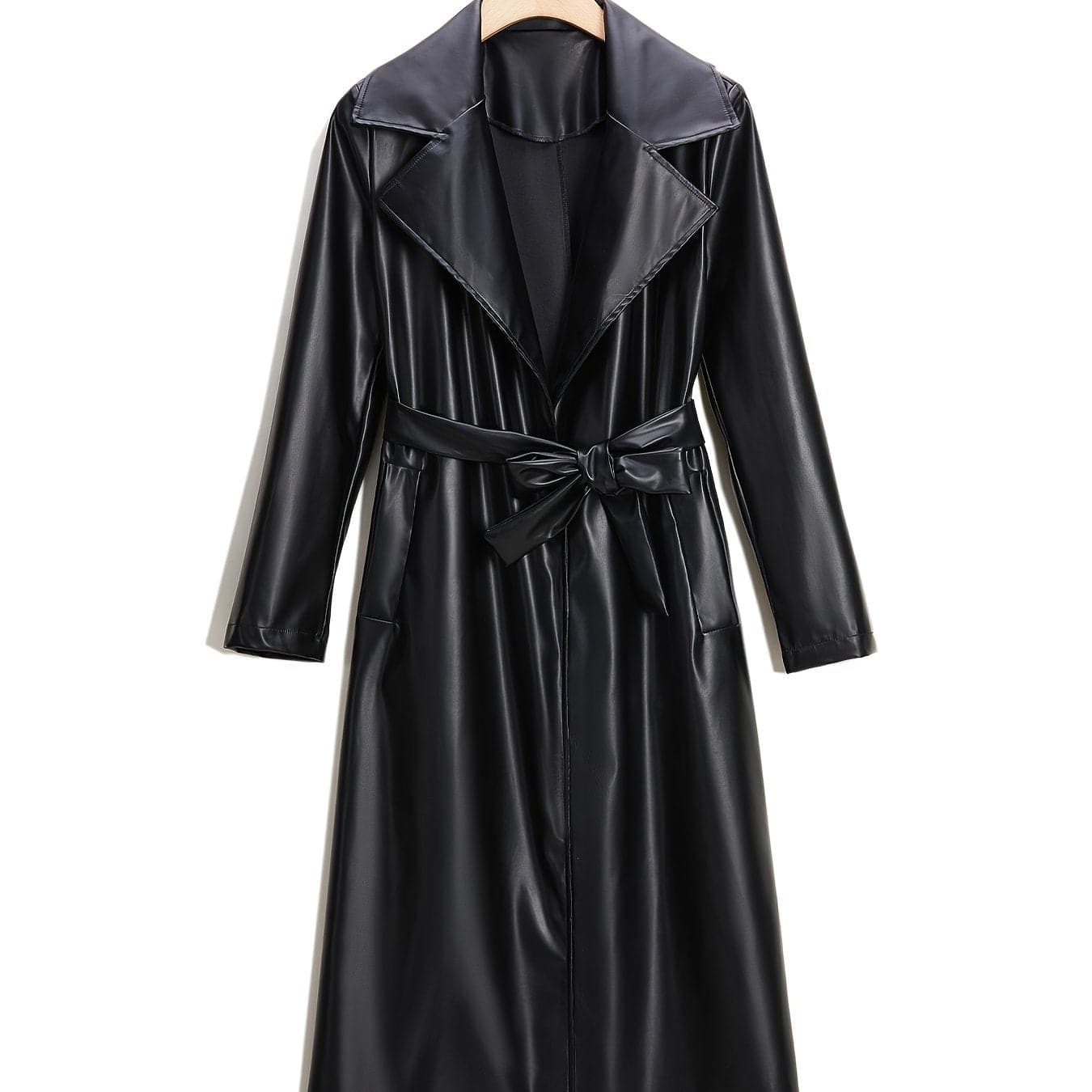 Schwarzer Kunstleder Mantel mit elegantem Reversgürtel - Perfekt für Herbst und Winter (5-10 Wörter)