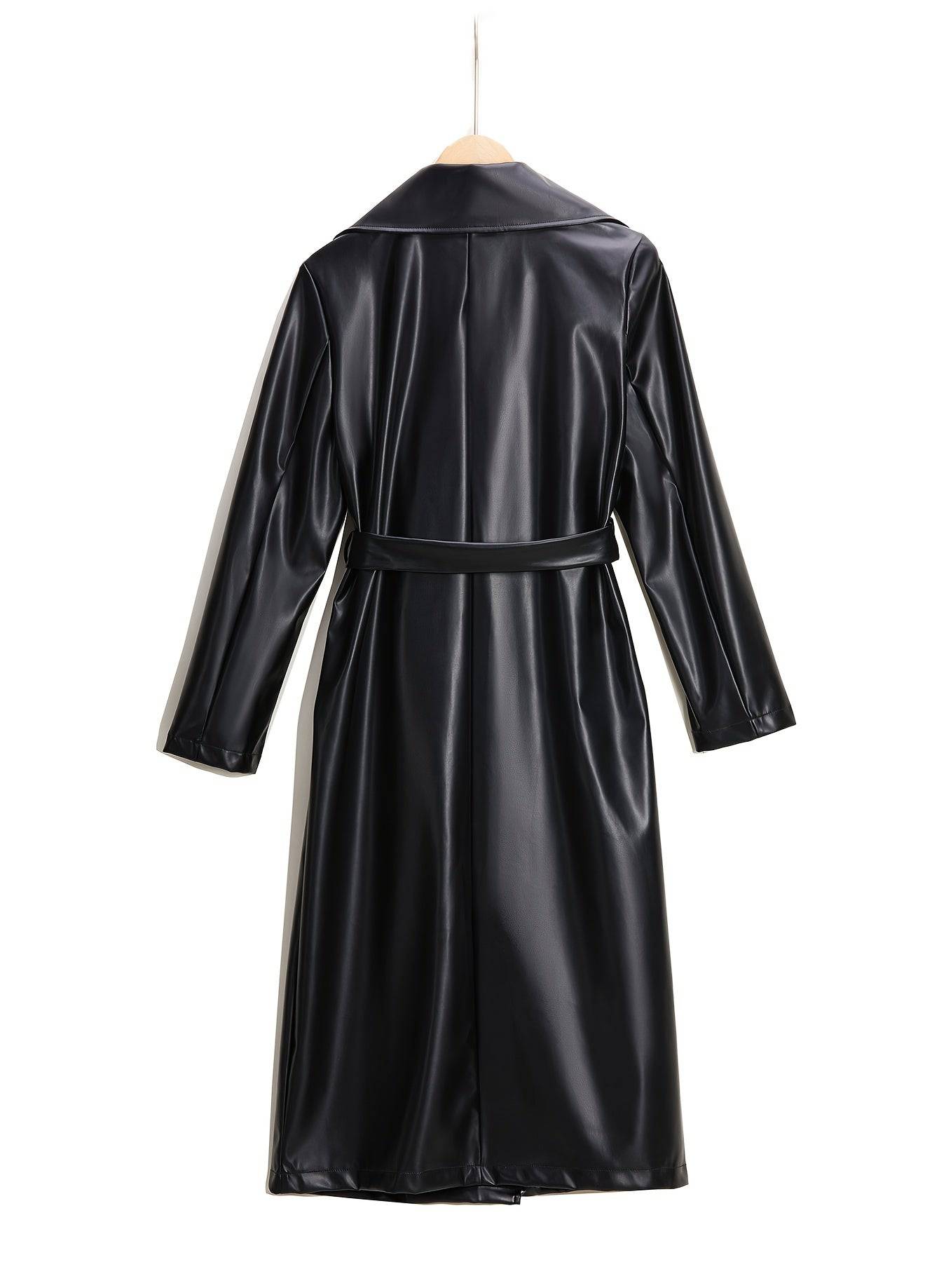 Schwarzer Kunstleder Mantel mit elegantem Reversgürtel - Perfekt für Herbst und Winter (5-10 Wörter)