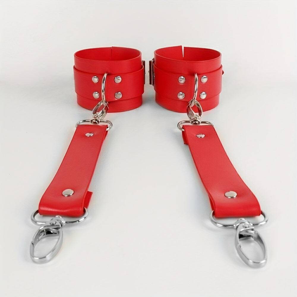 Punk-Roter PU-Leder-Bein-Harness-Strumpfgürtel mit Handschellen, Taillen-Bondage