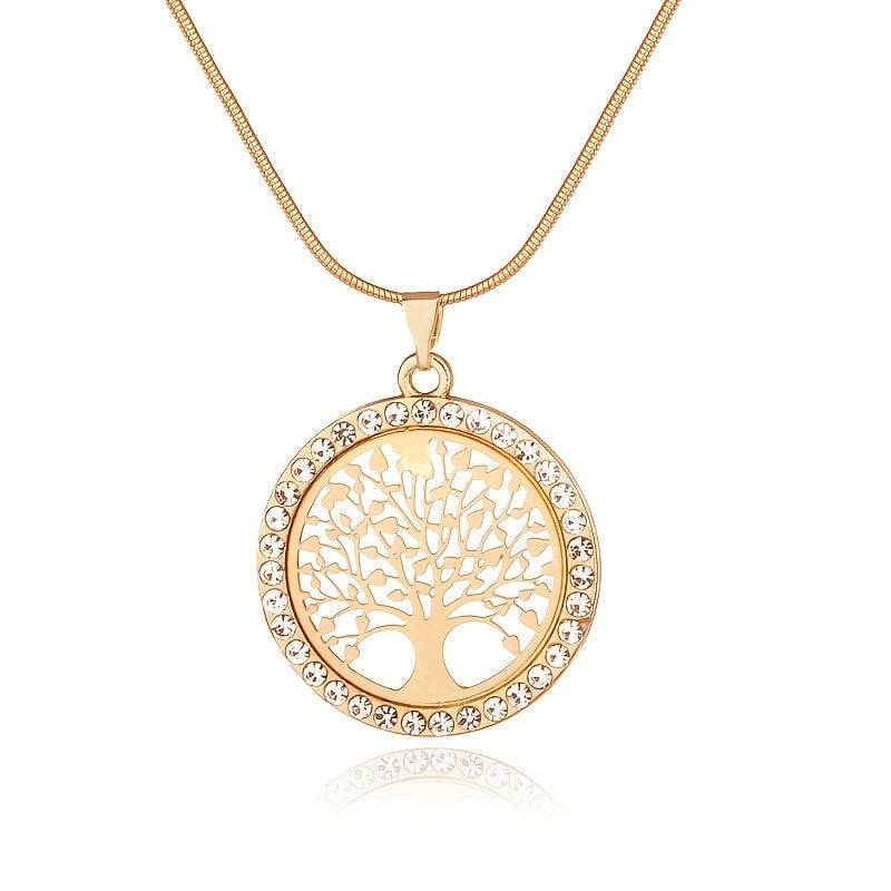 Runde Strass Halskette mit Baum des Lebens - Elegantes Set für Frauen.