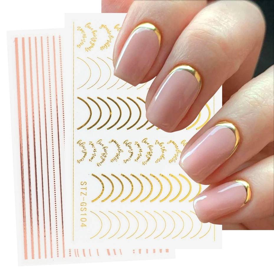Roségoldene 3D Nagelsticker: Einfache Linien, Metallstreifen, Buchstaben
