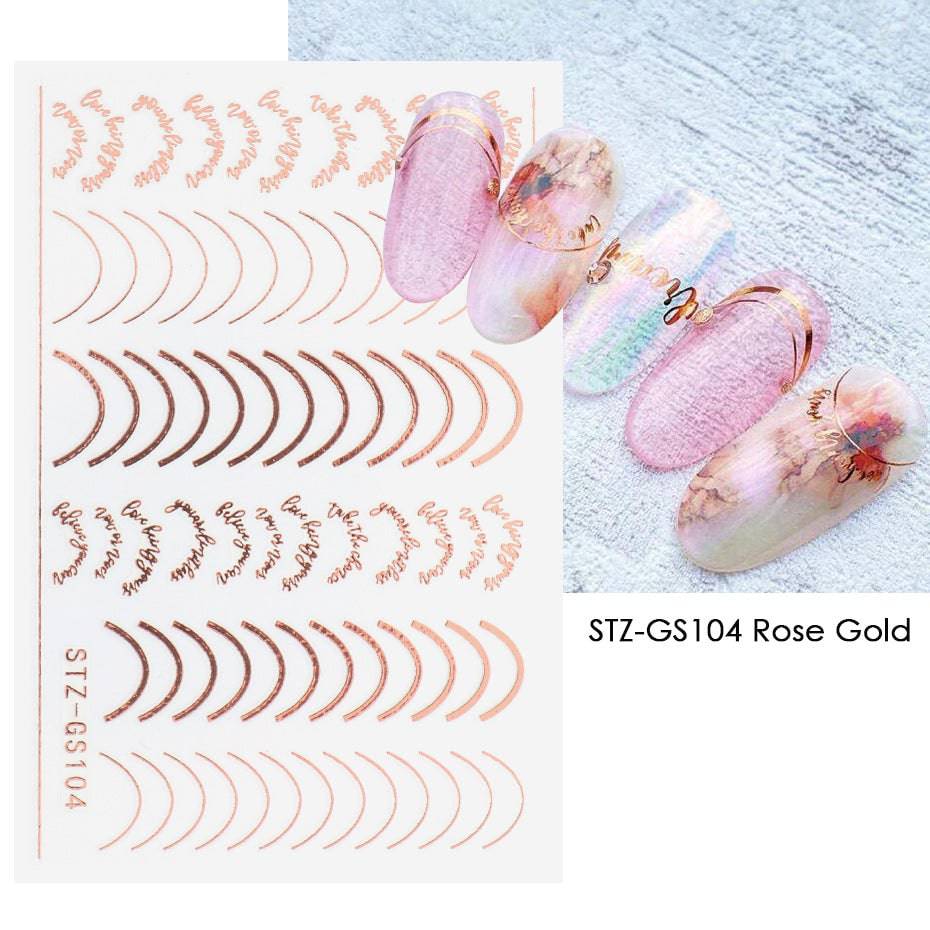 Roségoldene 3D Nagelsticker: Einfache Linien, Metallstreifen, Buchstaben