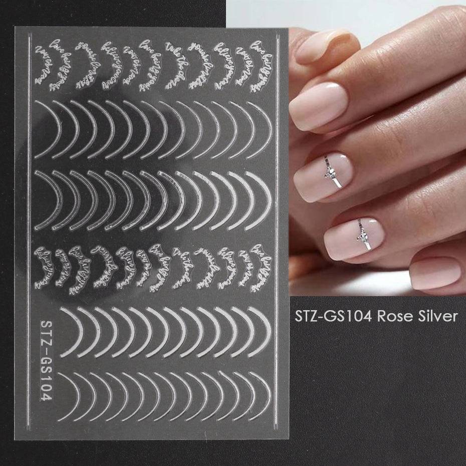 Roségoldene 3D Nagelsticker: Einfache Linien, Metallstreifen, Buchstaben