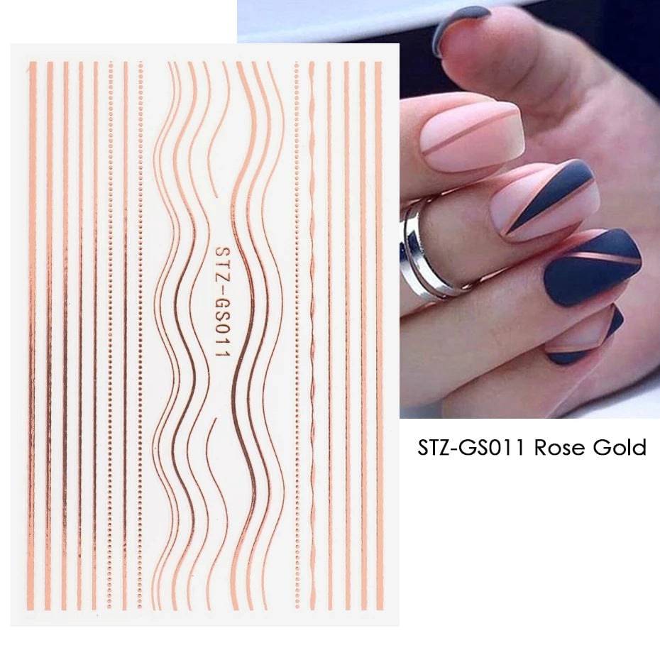 Roségoldene 3D Nagelsticker: Einfache Linien, Metallstreifen, Buchstaben