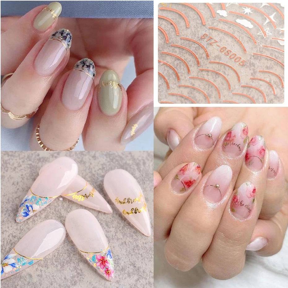 Roségoldene 3D Nagelsticker: Einfache Linien, Metallstreifen, Buchstaben