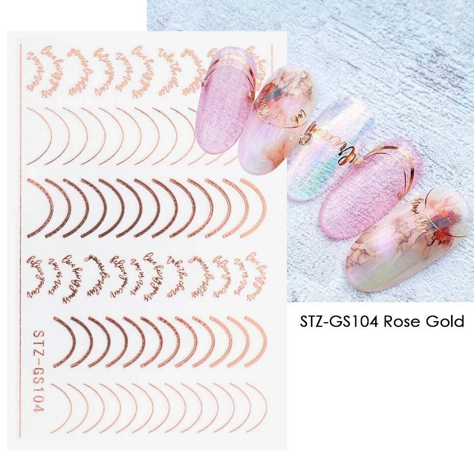 Roségoldene 3D Nagelsticker: Einfache Linien, Metallstreifen, Buchstaben