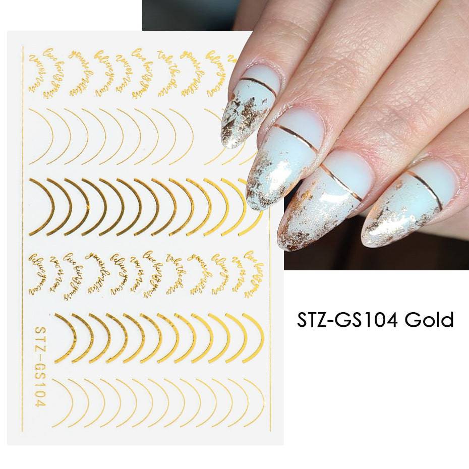 Roségoldene 3D Nagelsticker: Einfache Linien, Metallstreifen, Buchstaben