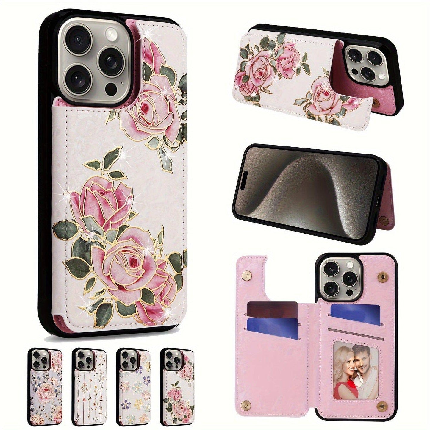 Für IPhone 15/14/13/12/11 Pro Max 15 Plus Brieftaschen-Hülle Mit Kartenhalter, Florales Blumenmuster, Rückseite, Flip-Folio-PU-Kunstleder, Ständer, Kartenfächer, Hülle Für Damen Und Mädchen, Für Doppelten Magnetverschluss, Stoßfeste Abdeckung