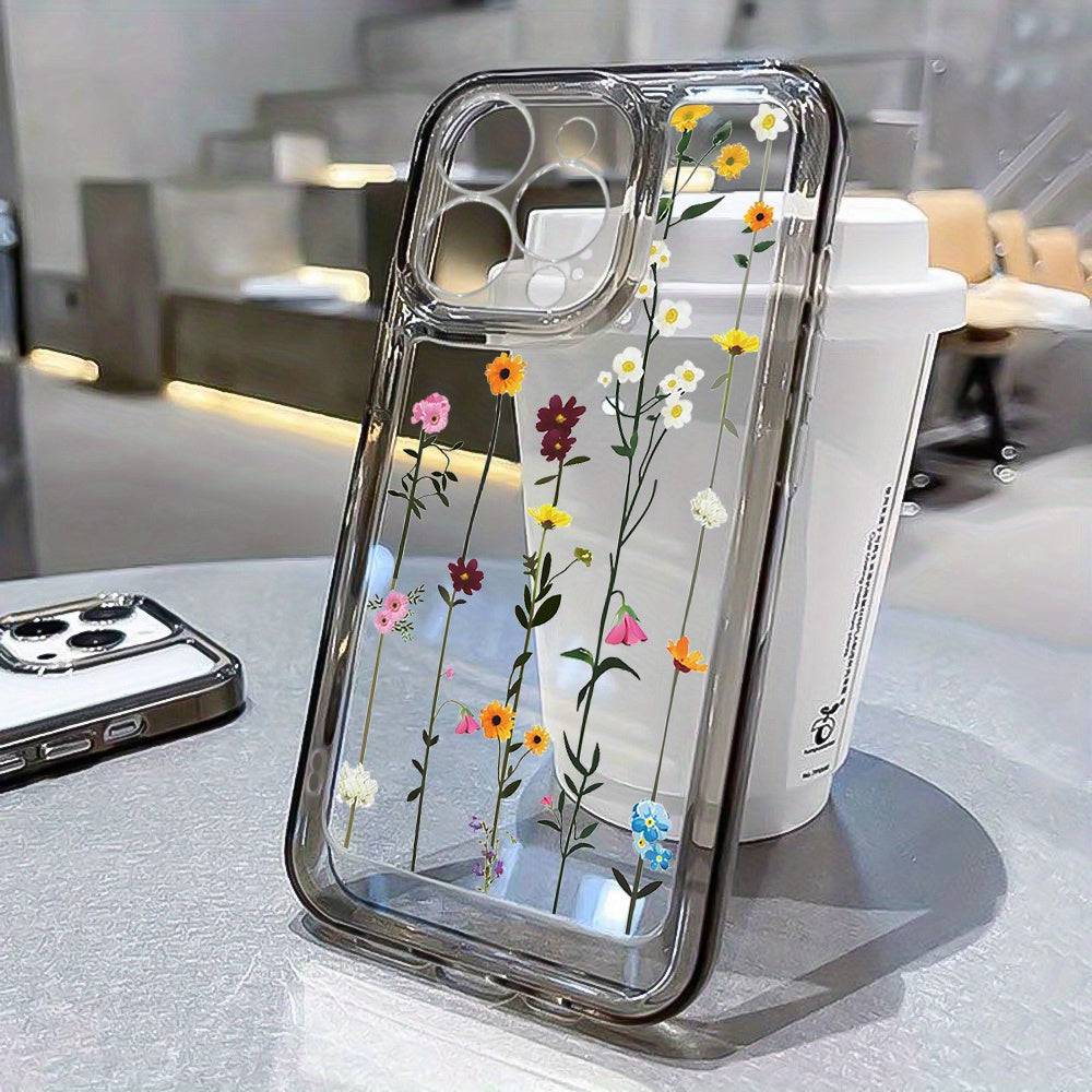 Transparente Handyhülle mit Blumenmuster für iPhone Modelle ab 2020.