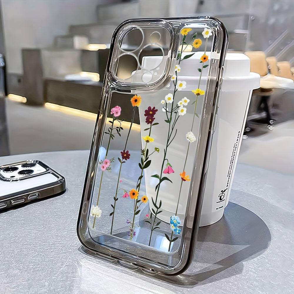 Transparente Handyhülle mit Blumenmuster für iPhone Modelle ab 2020.