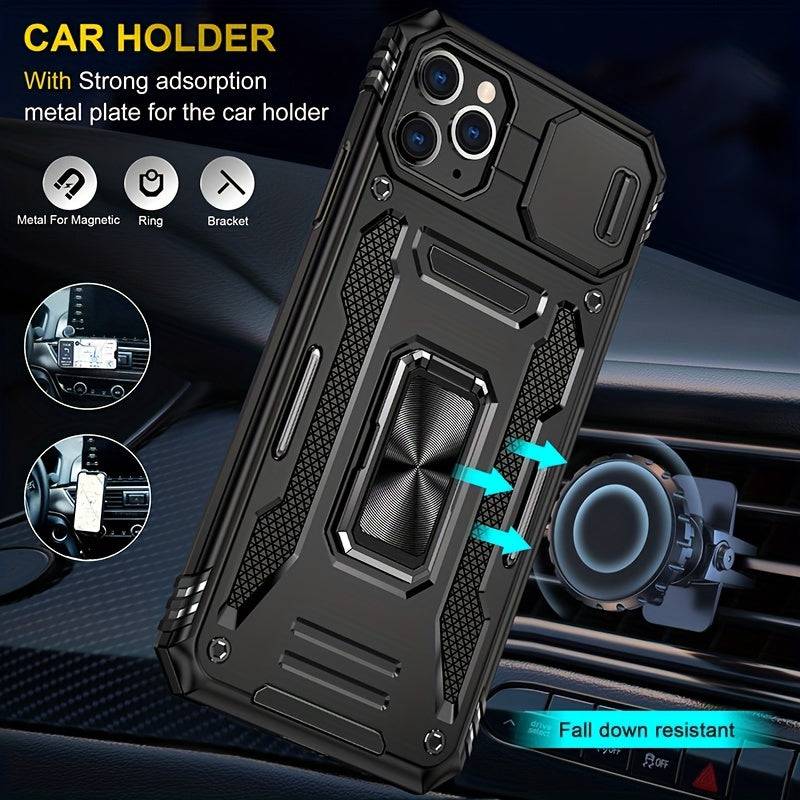 Anti-Drop-Handyhülle Militär-Qualität - iPhone 11-15 Pro Max, PC + TPU, Kameraschutz, Ständer, Autohalterung