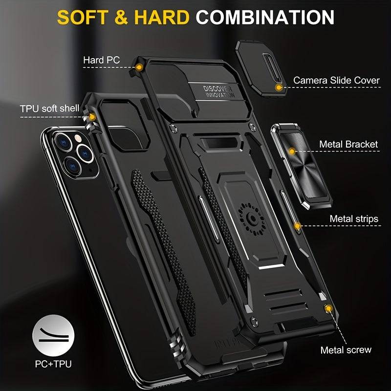 Anti-Drop-Handyhülle Militär-Qualität - iPhone 11-15 Pro Max, PC + TPU, Kameraschutz, Ständer, Autohalterung
