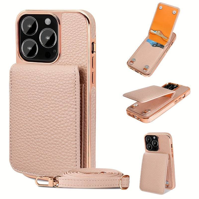Umhängetasche für iPhone 15 Pro Max - Praktische Kunstleder Flip Card Slot Handyhülle.