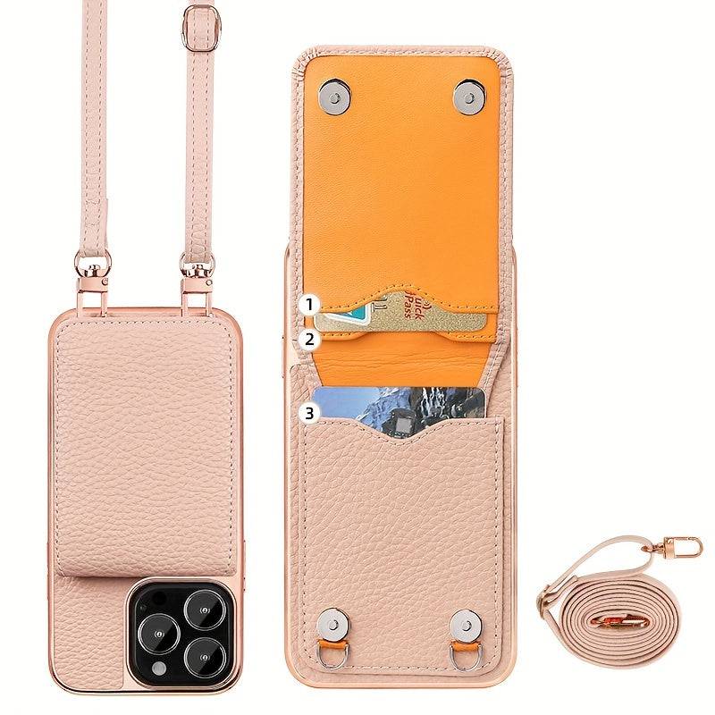 Umhängetasche für iPhone 15 Pro Max - Praktische Kunstleder Flip Card Slot Handyhülle.