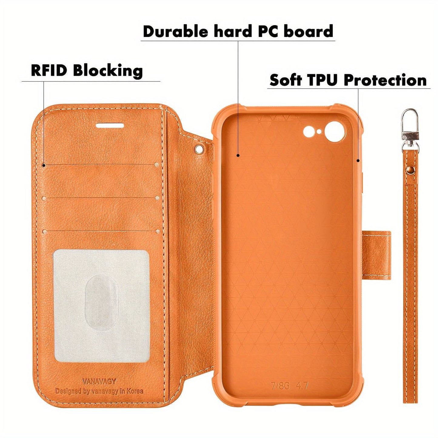 "Stilvolle Leder-Handyhülle mit Kartenhalter und Armband für iPhone SE 3/SE 2/8/7 - Unterstützt kabelloses Laden"