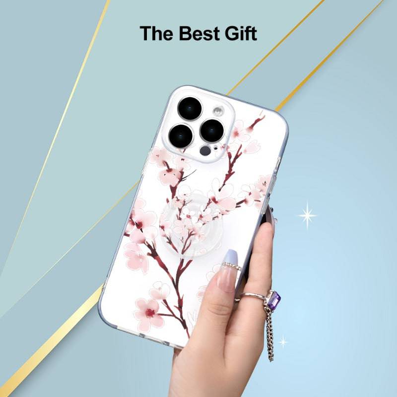 Klare Handyhülle mit Pfirsichblüten-UV-Druck und Halter - 360 Grad Schutz, kompatibel mit iPhone 11-15 und mehr.