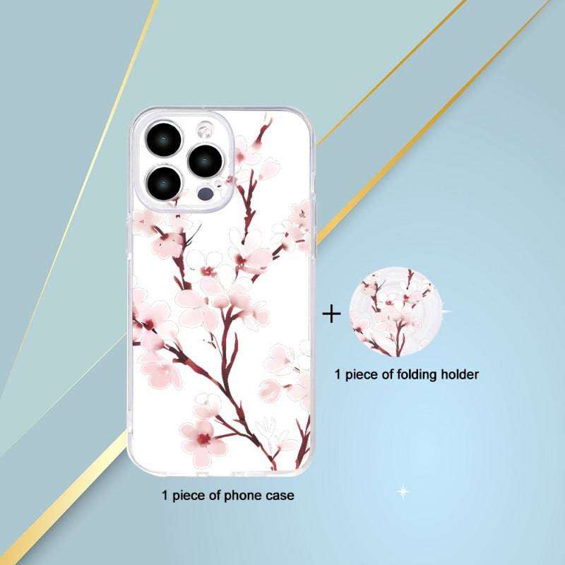 Klare Handyhülle mit Pfirsichblüten-UV-Druck und Halter - 360 Grad Schutz, kompatibel mit iPhone 11-15 und mehr.