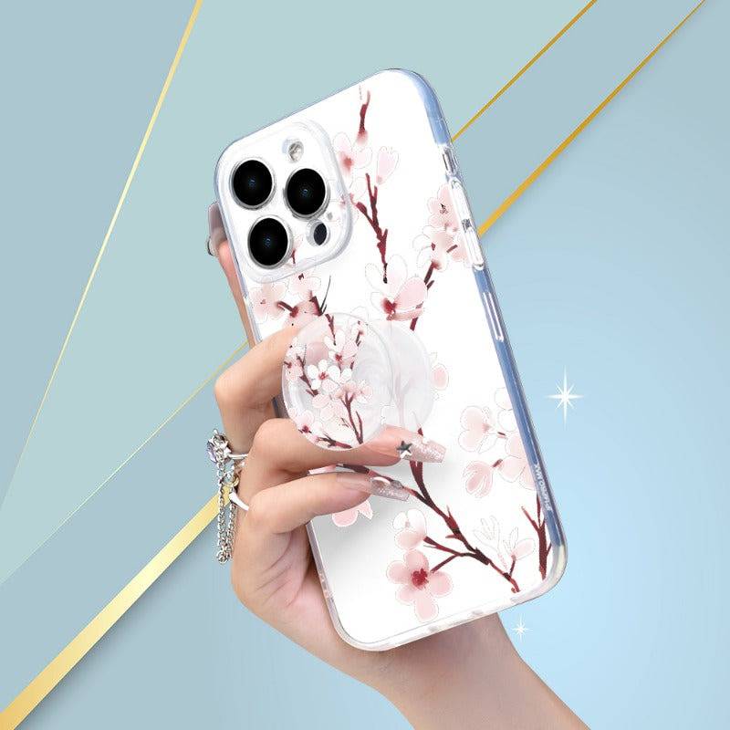 Klare Handyhülle mit Pfirsichblüten-UV-Druck und Halter - 360 Grad Schutz, kompatibel mit iPhone 11-15 und mehr.