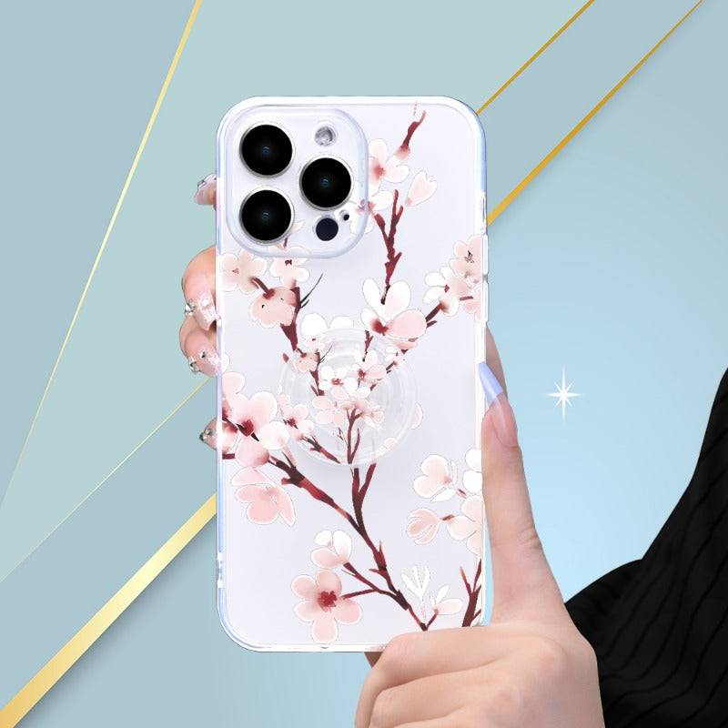 Klare Handyhülle mit Pfirsichblüten-UV-Druck und Halter - 360 Grad Schutz, kompatibel mit iPhone 11-15 und mehr.